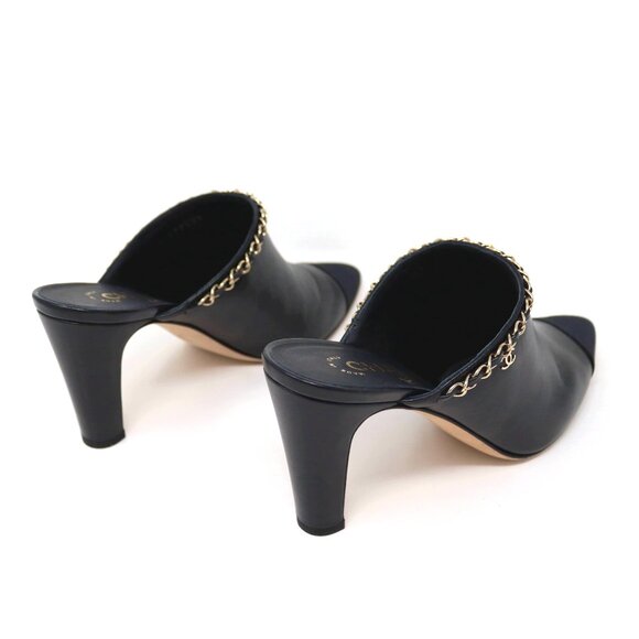 Chanel 38.5 2 Tone Leather Grosgrain Leather Mule Chain CC Detail Heel Boots - Picture 7 of 14